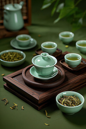 Green tea in a cup on a wooden tray with green tea leavesの素材