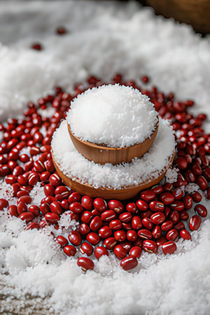 Coconut flakes and red beans on a wooden table, selective focusの素材