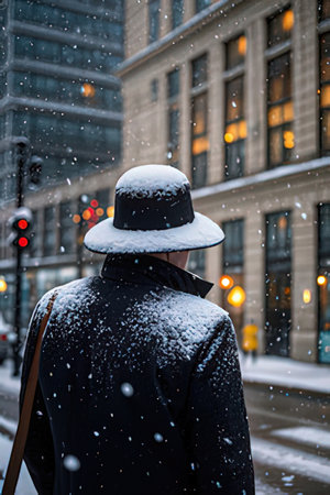A man in a black hat and a black coat is walking in the city on a snowy day.の素材