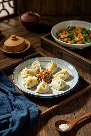 Chinese steamed dumplings with vegetables on a wooden table.の素材