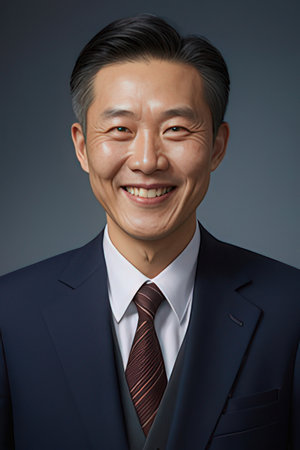 Portrait of a smiling middle-aged Asian businessman in a suitのeditorial素材