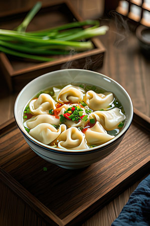 Bowl of tasty soup with dumplings on wooden table, closeupの素材