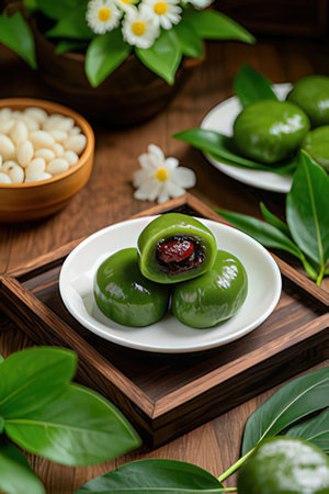 Thai dessert, glutinous rice cake with glutinous rice flourの素材