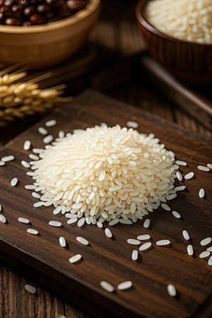 close up of a bowl of raw rice on a wooden cutting boardの素材