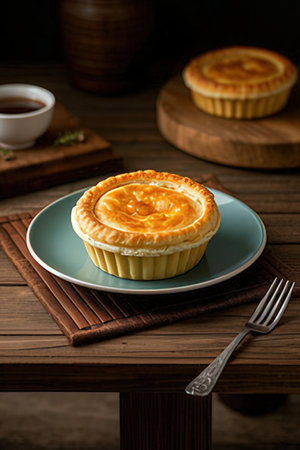 Delicious egg tart on a blue plate on a wooden table.の素材