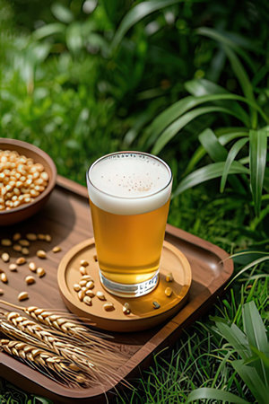 Glass of beer on a wooden tray with wheat and barley in the backgroundの素材
