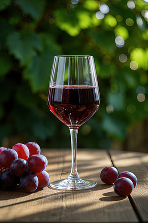 Wineglass with red wine and grapes on wooden table in vineyardの素材