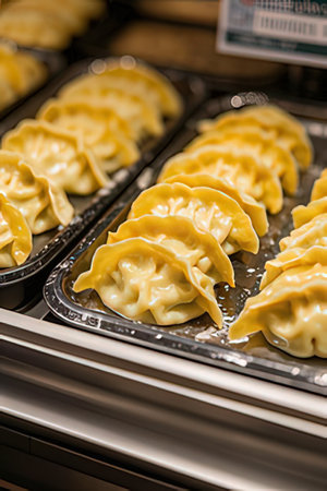 Homemade dumplings on the counter of a restaurant. Selective focusの素材