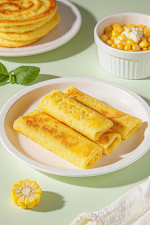 Pancakes stuffed with cheese and corn on a green background.の素材
