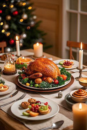 Festive Christmas table setting with roasted turkey, apples, cranberries, nuts, candies and candles.の素材