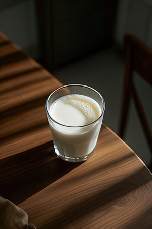 Glass of milk on the table in the morning light, stock photoの素材