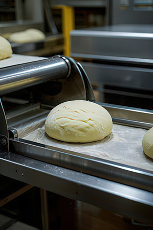 Bread production line in a bakery, detail of bread production processの素材
