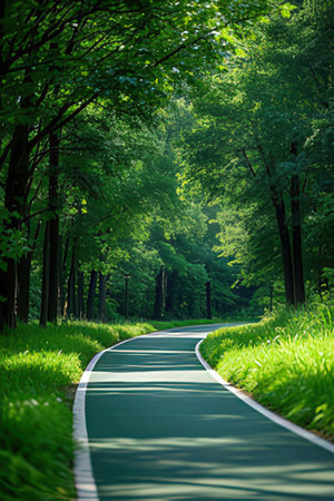 Winding road in the green park. Beautiful summer landscape with trees.の素材