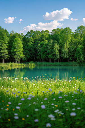 Beautiful lake with green grass, flowers and blue sky with cloudsの素材