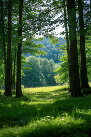 beautiful green forest landscape with sunbeams and shadows in summerの素材