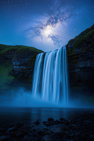 Seljalandsfoss waterfall at night, Iceland, Europeの素材