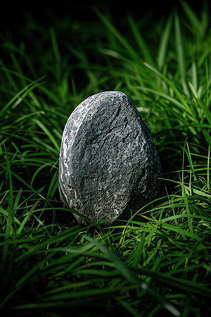 Stone in the green grass. Shallow depth of field. Toned.の素材