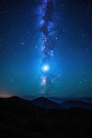 Milky way over the mountains. Night sky with stars and milky wayの素材