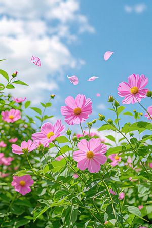 Pink cosmos flowers on blue sky background with copy space.の素材