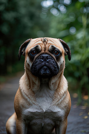 Portrait of a cute purebred pug dog sitting in the parkの素材