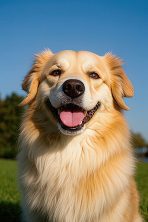 Portrait of a golden retriever dog in the park on a sunny dayの素材