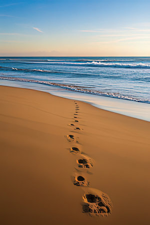 Footprints in the sand on the beach at sunset, Algarve, Portugalの素材