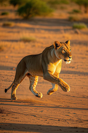 Lioness running on the sand in the Namib Desert, Namibiaの素材
