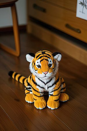 Cute tiger sitting on the wooden floor in the living room.の素材