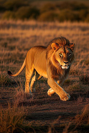 Lion running in the savannah of Okavango Delta, Botswanaの素材