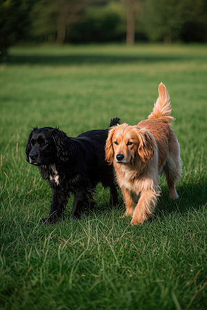 Golden Retriever and Black cocker spaniel in the parkの素材