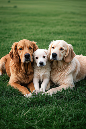 Three Golden Retrievers lying on the grassの素材