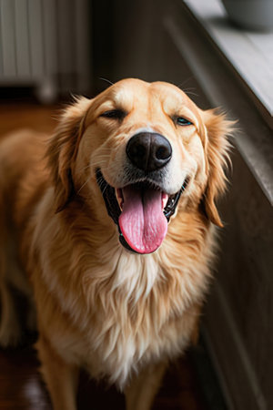 Beautiful golden retriever dog with tongue out, close-upの素材
