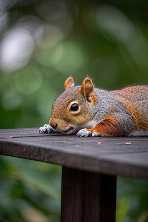 Squirrel sitting on a table in a park in London, UKの素材