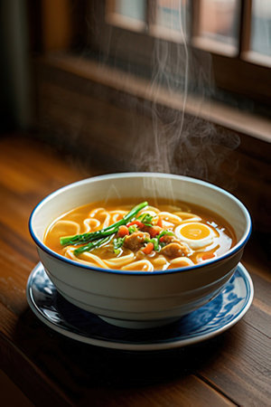 japanese ramen noodle soup with meatballs and vegetablesの素材