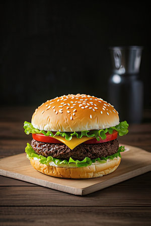 Homemade hamburger on wooden board over dark background. Toned.の素材