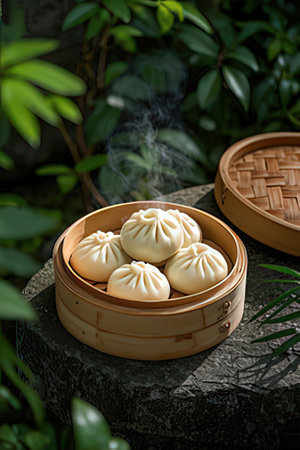 steamed dumpling in bamboo basket on stone table in gardenの素材