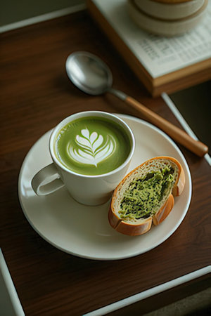 A cup of matcha latte and bread on a wooden tableの素材