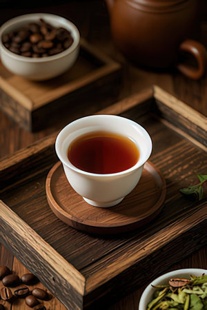 Cup of black tea on a wooden tray with coffee beans.の素材