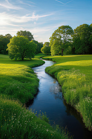 Spring landscape with a small river flowing through the green meadow.の素材