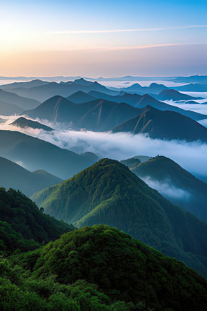 Mountain landscape at sunrise in Yunnan, China. Beautiful natural scenery.の素材