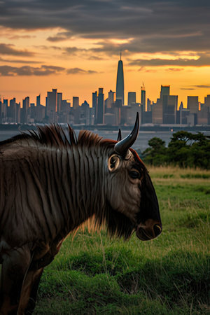 Wildebeest (Connochaetes taurinus) at sunset, New York Cityの素材