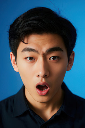 Portrait of a young asian man in black shirt on blue backgroundのeditorial素材