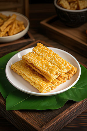Thai crispy pancake in white plate on wooden table background.の素材