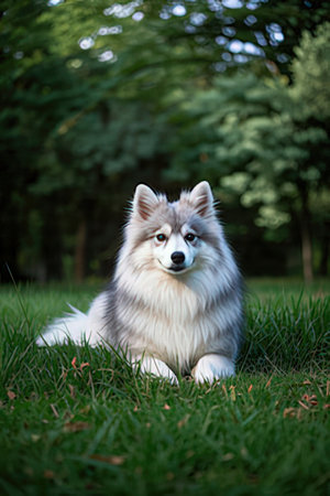 Cute siberian husky sitting on the grass in the parkの素材