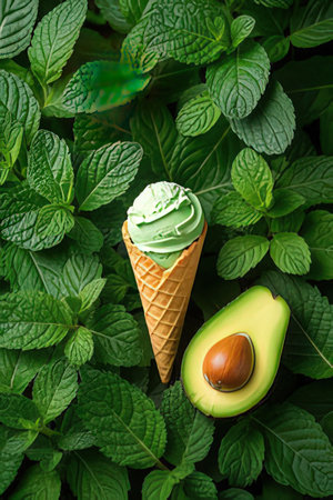 Avocado ice cream in waffle cone on green mint leaves backgroundの素材