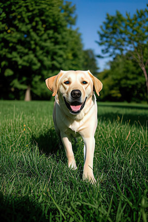 Labrador retriever dog running on the grass in the park.の素材