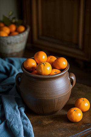 Ripe tangerines in a clay pot on a wooden tableの素材