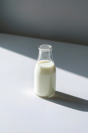bottle of milk on a white background with sun light and shadowの素材
