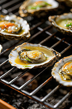 Grilled oysters on the barbecue grill. Shallow dof.の素材