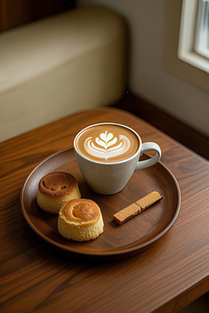 Coffee cup and pastries on wooden table.の素材